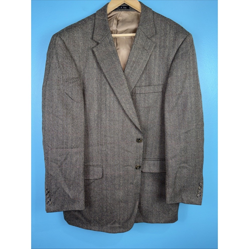 Saddlebred Mens 48R Brown Herringbone 100% Lambswool Blazer Sport Coat Jacket